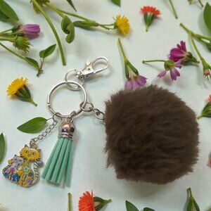 Small 6" Pom Pom Kitty Cat Keychain Bag Charm Purse Jewelry Cute Gift Idea